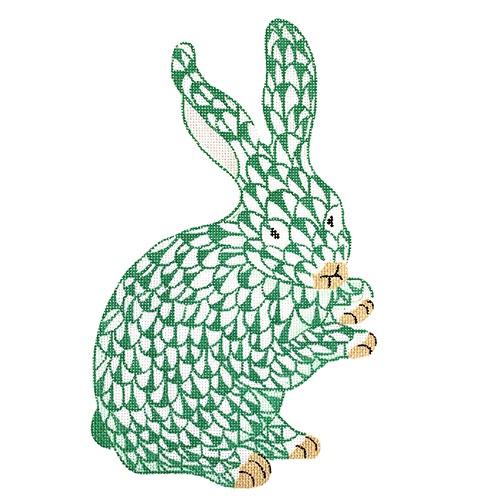 Herend-Inspired Fishnet Standing Bunny - Emerald Green w/ Gold Painted Canvas Kate Dickerson Needlepoint Collections 