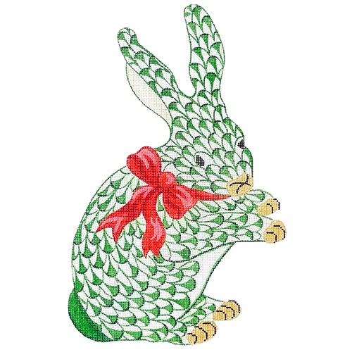 Herend-Inspired Fishnet Standing Bunny - Emerald with Red Bow Painted Canvas Kate Dickerson Needlepoint Collections 