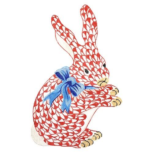 Herend-Inspired Fishnet Standing Red Bunny w/ Blue Bow Painted Canvas Kate Dickerson Needlepoint Collections 