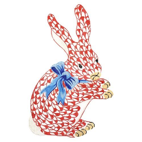 Herend Inspired Fishnet Standing Red Bunny w/ Blue Bow Painted Canvas Kate Dickerson Needlepoint Collections  - 1