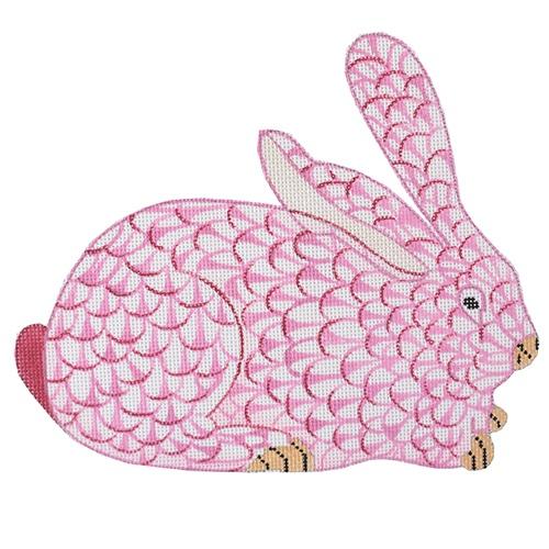 Herend Style Fishnet Crouching Bunny   Pink Right Painted Canvas Kate Dickerson Needlepoint Collections  - 1