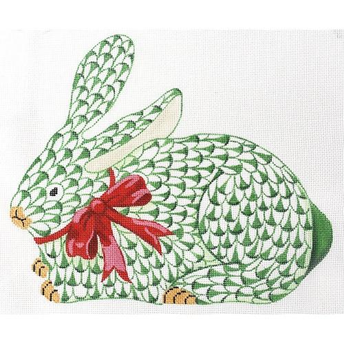 Herend Style Green Crouching Bunny with Red Bow Painted Canvas Kate Dickerson Needlepoint Collections 