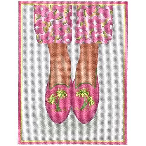 Here's Looking at Shoe - Needlepoint Palm Tree Loafers - Bright Pinks and Greens Painted Canvas Kate Dickerson Needlepoint Collections 