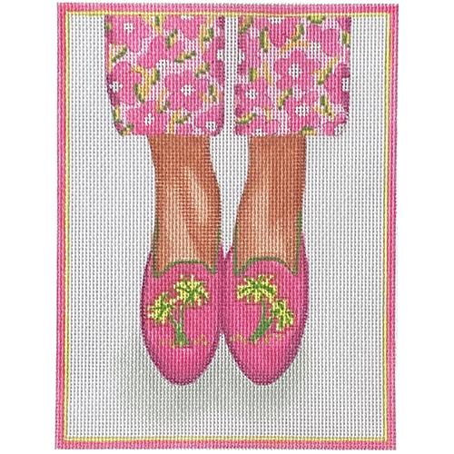 Here's Looking at Shoe - Needlepoint Palm Tree Loafers - Bright Pinks and Greens Painted Canvas Kate Dickerson Needlepoint Collections 