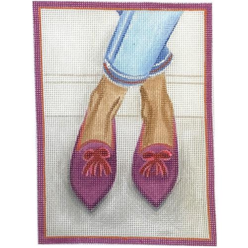 Here's Looking at Shoe - Plum & Pink Tasseled Flats Painted Canvas Kate Dickerson Needlepoint Collections 