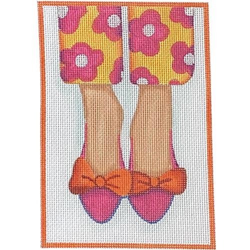Here's Looking at Shoe - Pointy Flats with Bows - Orange with Hot Pink Painted Canvas Kate Dickerson Needlepoint Collections 