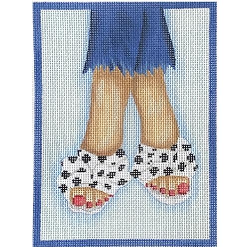 Here's Looking at Shoe   Polka Dot Open Toe Slides with Bows   White and Black Painted Canvas Kate Dickerson Needlepoint Collections  - 1
