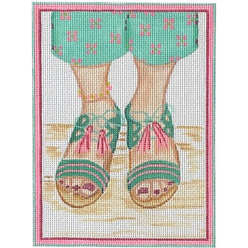 Here's Looking at Shoe   Tassel tie Sandals   Turquoise, Jade, Hot Pink Painted Canvas Kate Dickerson Needlepoint Collections  - 1
