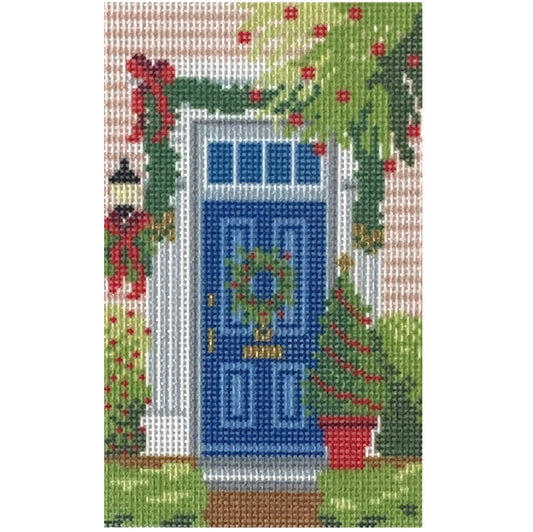 Historic Christmas Blue Door Printed Canvas Needlepoint To Go 