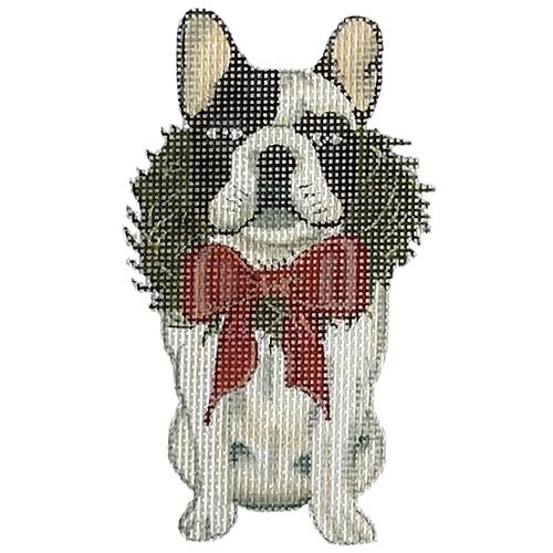 Holiday Boston Terrier with Wreath Ornament Painted Canvas Painted Pony Designs 