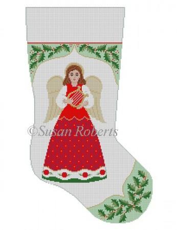 Holly with Angel Insert Stocking Painted Canvas Susan Roberts Needlepoint Designs Inc. 