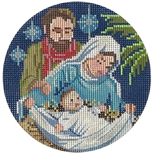Holy Family at Manger Round Painted Canvas Alice Peterson Company 