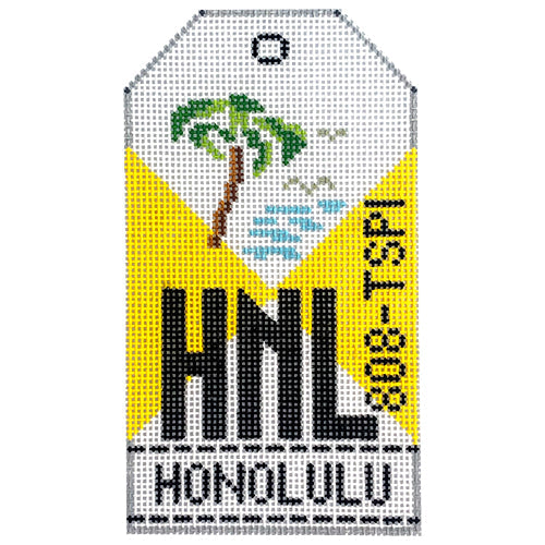 Honolulu HNL Vintage Travel Tag Painted Canvas Hedgehog Needlepoint 
