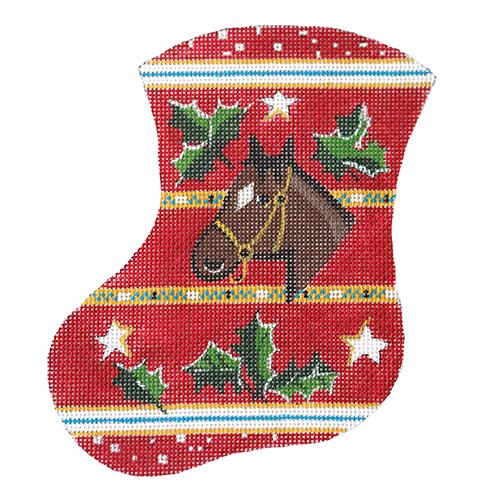 Horse and Holly Mini Stocking Painted Canvas The Meredith Collection  - 1