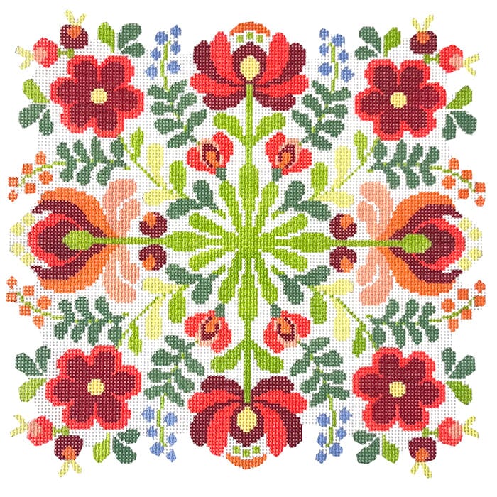 Hungarian Folk Design Red and Pink Floral Painted Canvas KCN Designers 