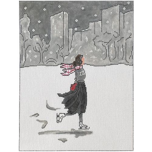 Ice Skater in Cityscape Painted Canvas Patti Mann 