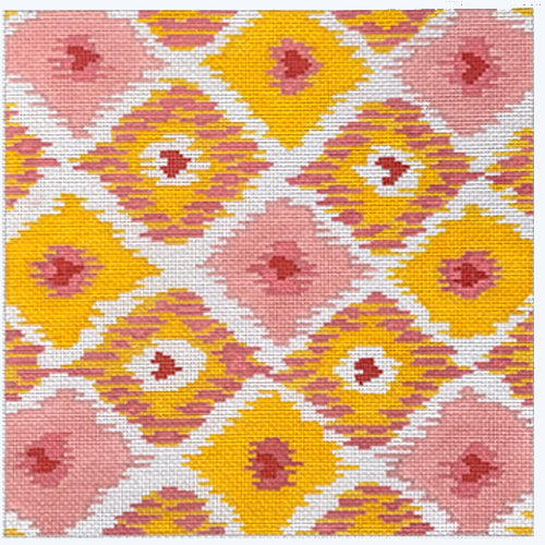 Ikat Diamonds with Allover Hearts - Coral, Pink, Apricot Painted Canvas Kate Dickerson Needlepoint Collections 