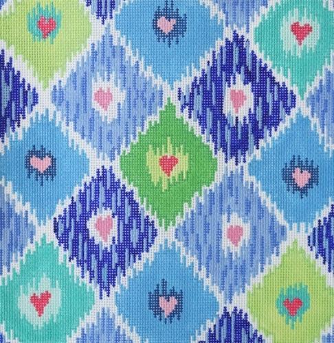 Ikat Diamonds with Hearts - Blues, Greens, & Pinks Painted Canvas Kate Dickerson Needlepoint Collections 