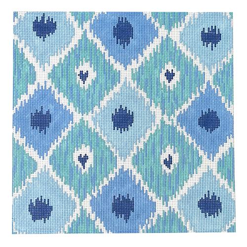 Ikat Diamonds with Hearts - Indigo Blues Painted Canvas Kate Dickerson Needlepoint Collections 