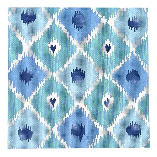 Ikat Diamonds with Hearts   Indigo Blues Painted Canvas Kate Dickerson Needlepoint Collections 
