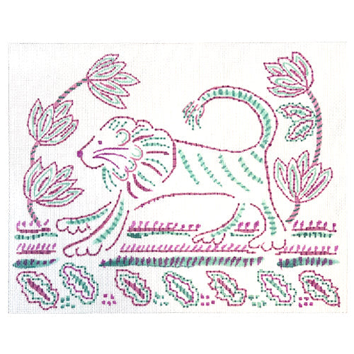 Indian Textile Inspired Lion with Tulips & Leaves Painted Canvas Kate Dickerson Needlepoint Collections  - 1