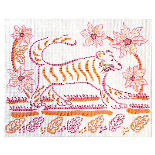 Indian Textile Inspired Tiger with Flowers & Leaves Painted Canvas Kate Dickerson Needlepoint Collections  - 1