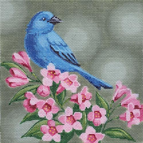 Indigo Bunting on Pink Flowers Painted Canvas Labors of Love Needlepoint  - 1