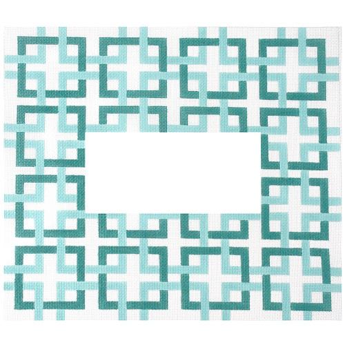 Interlocking Squares w/ Monogram Space - Two-tone Aquas Painted Canvas Kate Dickerson Needlepoint Collections 