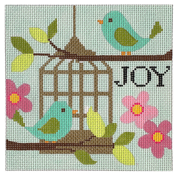 Joy Birds and Birdcage on 13 mesh Painted Canvas Eye Candy Needleart 