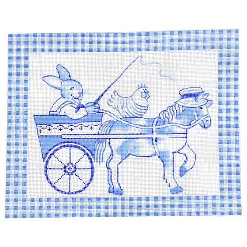 Kelly Rightsell Blue Toile Bunny in Cart Painted Canvas Kate Dickerson Needlepoint Collections  - 1
