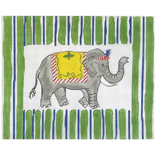 Kelly Rightsell - Elephant with Blue and Green Stripes Painted Canvas Kate Dickerson Needlepoint Collections 