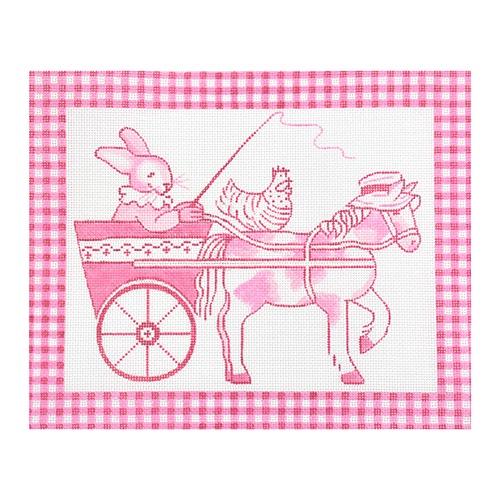 Kelly Rightsell-Pink Toile Bunny in Cart Painted Canvas Kate Dickerson Needlepoint Collections 