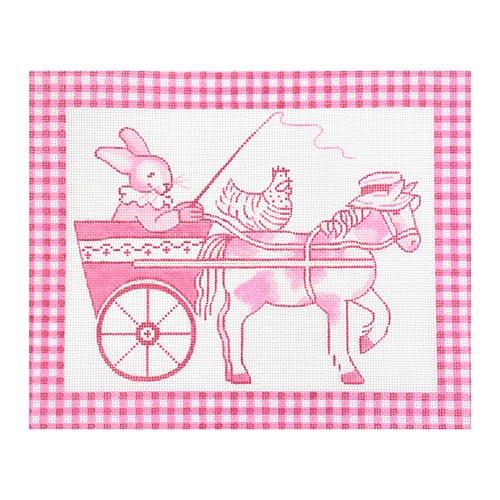 Kelly Rightsell Pink Toile Bunny in Cart Painted Canvas Kate Dickerson Needlepoint Collections  - 1