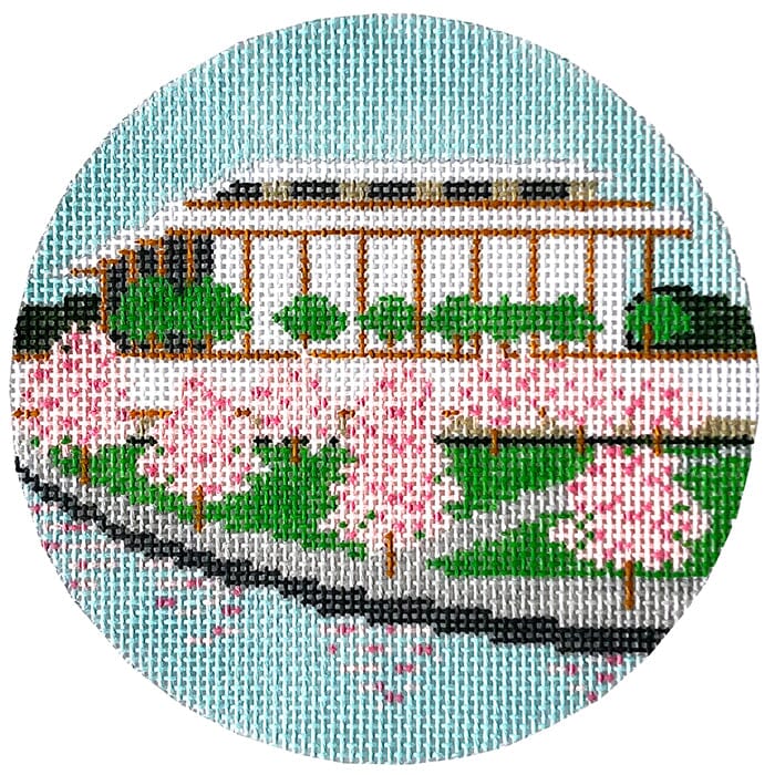 Kennedy Center with Cherry Blossoms Ornament Painted Canvas Susan Battle Needlepoint 