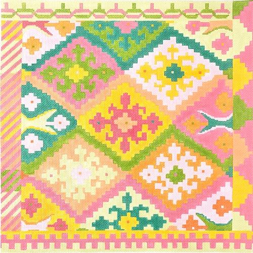 Kilim Square w/ Stepped Diamonds - Summer Melons Palette Painted Canvas Kate Dickerson Needlepoint Collections 