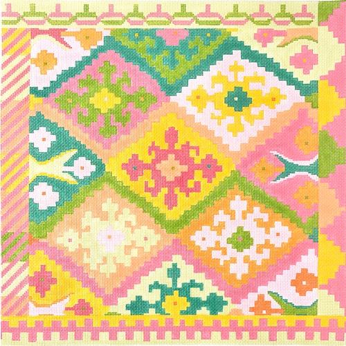 Kilim Square w/ Stepped Diamonds   Summer Melons Palette Painted Canvas Kate Dickerson Needlepoint Collections  - 1
