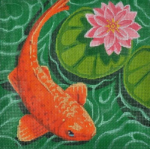 Koi with Pink Flower Painted Canvas Labors of Love Needlepoint  - 1