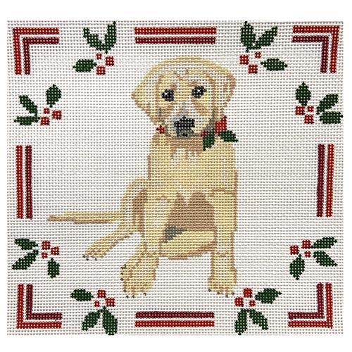Lab Puppy with Holly Painted Canvas Blue Ridge Stitchery 