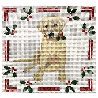 Lab Puppy with Holly Painted Canvas Blue Ridge Stitchery 
