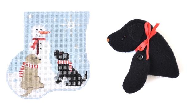 Labs with Snowman Mini-Sock with Lab Insert Painted Canvas Kathy Schenkel Designs 