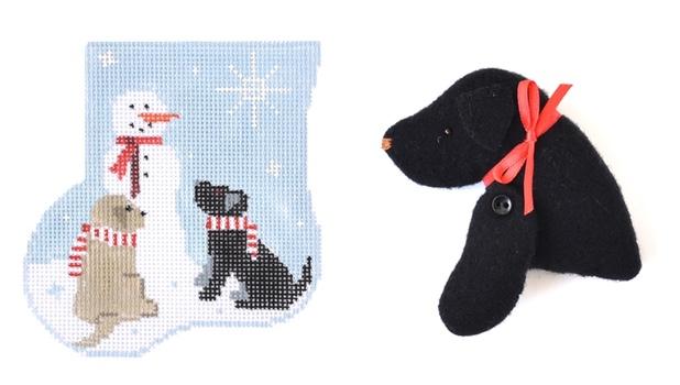 Labs with Snowman Mini Sock with Lab Insert Painted Canvas Kathy Schenkel Designs  - 1