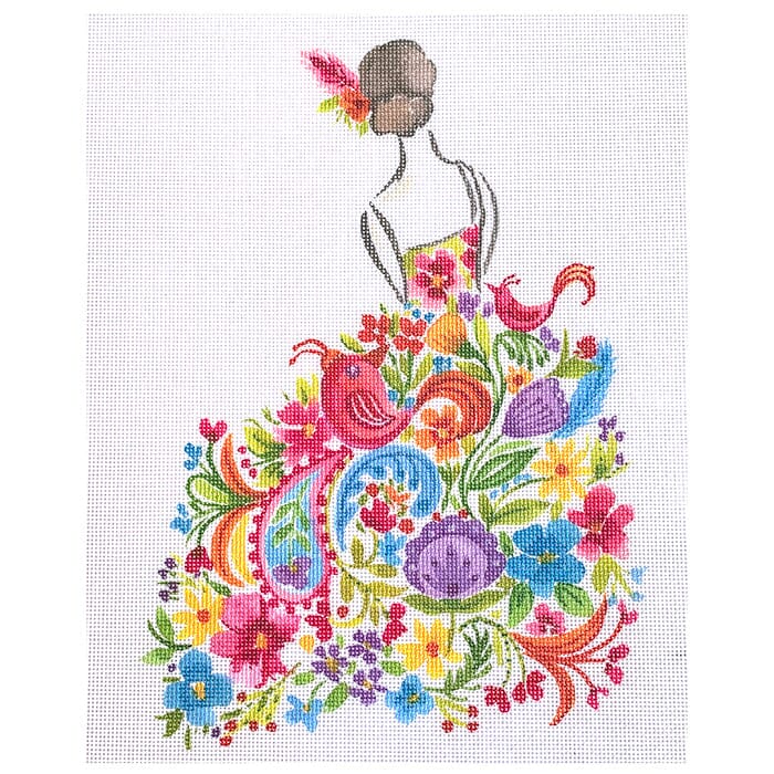 Lady with Pink Bird Painted Canvas All About Stitching/The Collection Design 