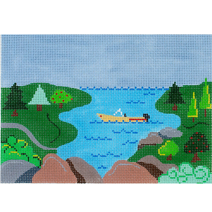 Lake and Motor Boat Painted Canvas Patti Mann 
