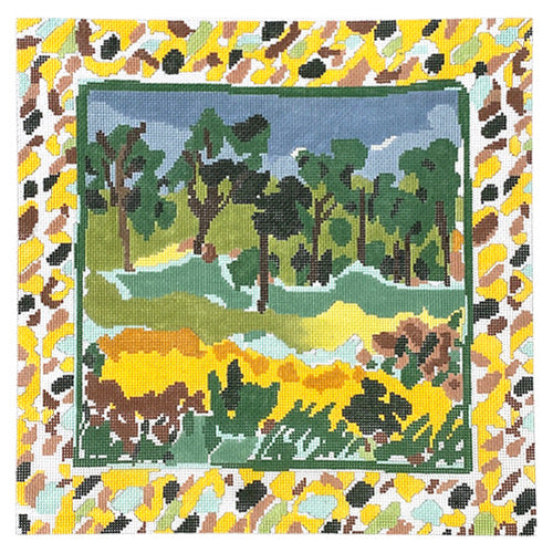 Landscape with Yellow Border Painted Canvas Cooper Oaks Design  - 1