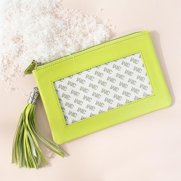 Leather Zip Pouch with Detachable Tassel   Light Lime Leather Goods Planet Earth Leather  - 1