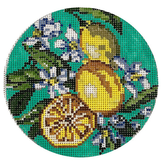 Lemon on Turquoise Round Painted Canvas The Gingham Stitchery 