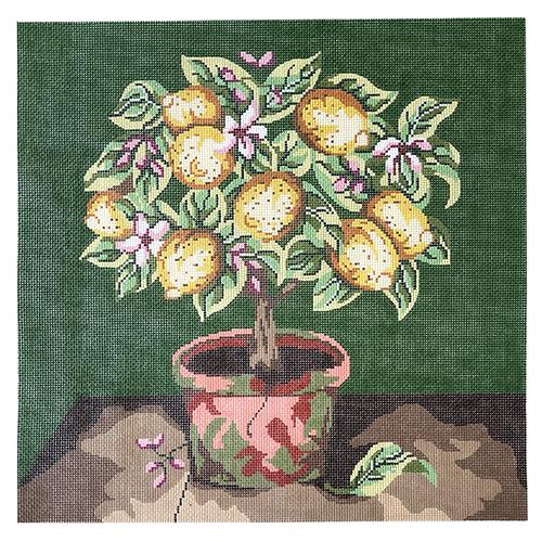 Lemon Topiary Tree Pillow Painted Canvas Silver Needle  - 1