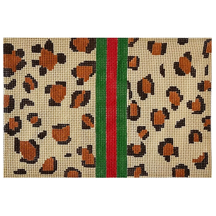 Leopard Clutch - Khaki with Stripe Painted Canvas SilverStitch Needlepoint 