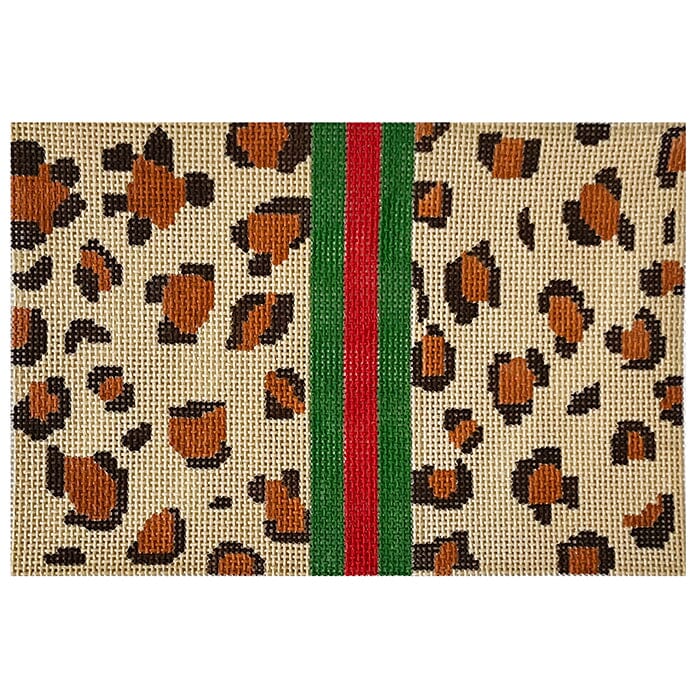Leopard Clutch   Khaki with Stripe Painted Canvas SilverStitch Needlepoint  - 1