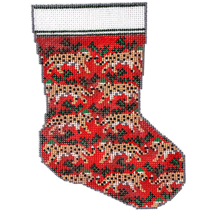 Leopards and Holly Mini Stocking Painted Canvas KCN Designers  - 1